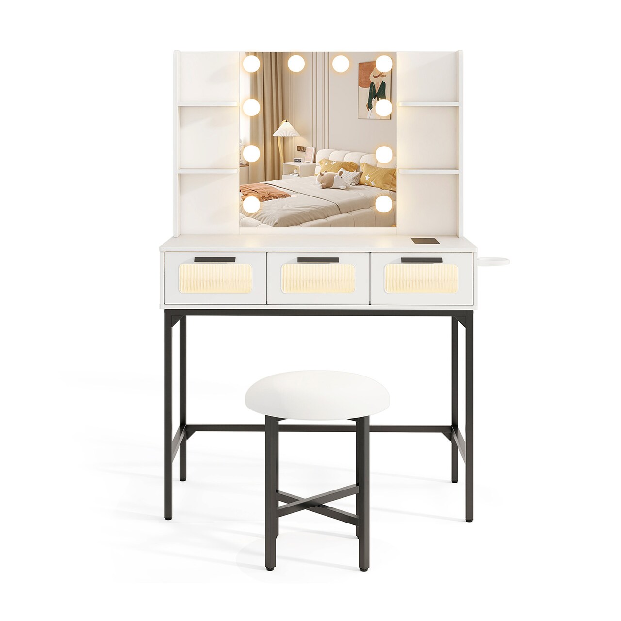 White Vanity Set with 3-Color LED Mirror, Charging Station & Storage